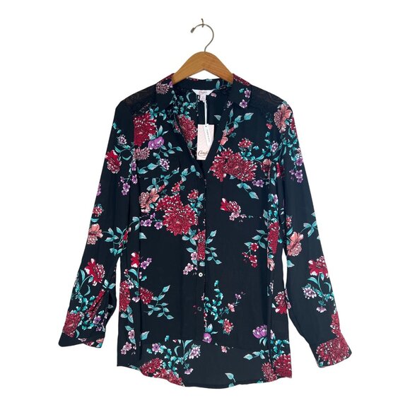 NWT Candies Women's Size M Black Floral Blouse Tab Sleeves Lace Shoulder Insert - Picture 2 of 11